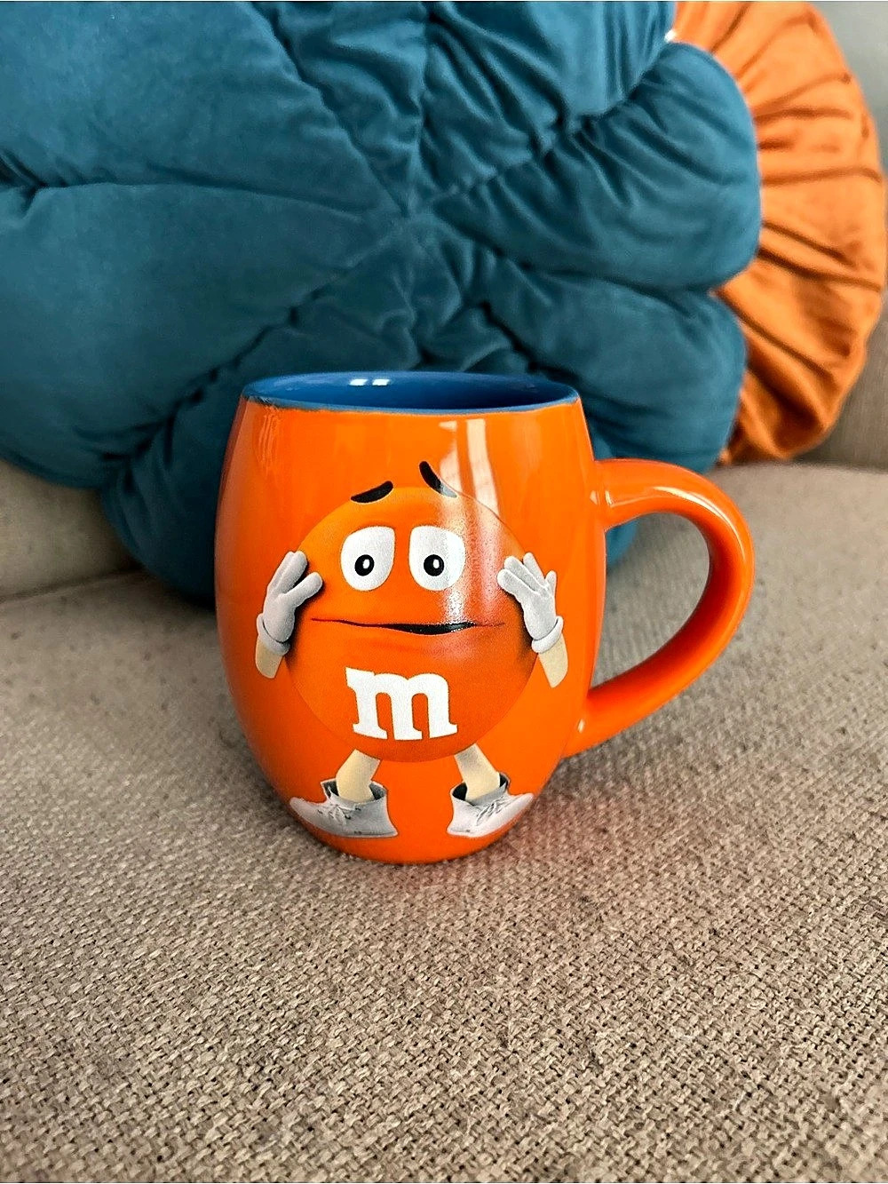 M&M's World Orange Character 3D Sculpted Barrel Coffee Mug, Orange & Blue NWOT